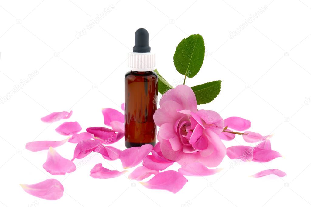 Rose essential oil.Bottle of oil and rose flower