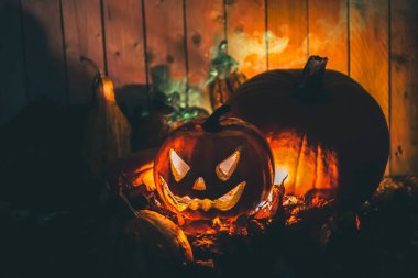 Yeşil Duman ile kırsal alanda Jack Lantern 'i aydınlattım. Sonbahar bayramı için korkunç bir dekorasyon..