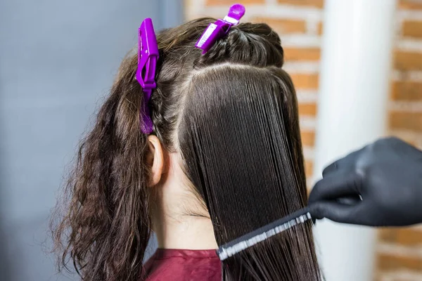 Професійний Перукар Розчісує Волосся Дівчини Довгим Волоссям Перш Ніж Різати — стокове фото