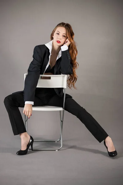 Sexy Lady Posing Sitting Chair Dressed Black Men Suit Red — Stock Photo, Image