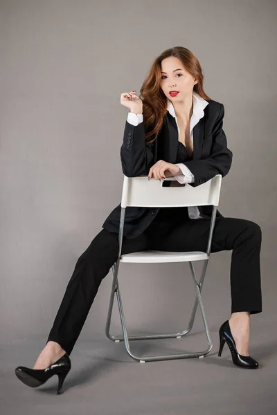 Sexy Lady Posing Sitting Chair Dressed Black Men Suit Red — Stock Photo, Image