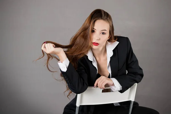 Studio Portrait Beautiful Sexy Girl Red Hair Strict Business Suit — Stock Photo, Image