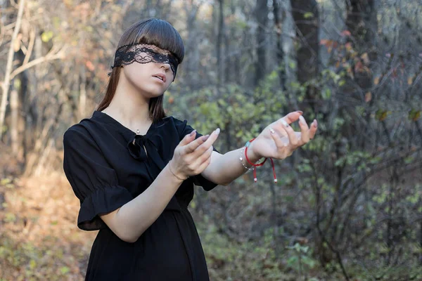 Girl Blindfold Outstretched Arms Looking Someone Woods Blind Girl — Stock Photo, Image