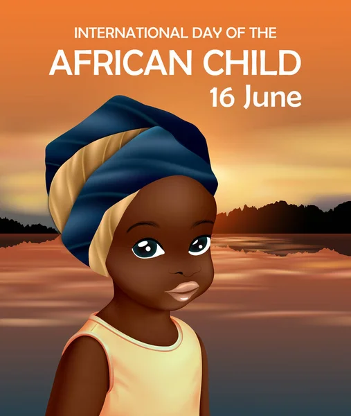 16 June. International Day of the African Child. Cute little girl in front of native African landscape at sunset.