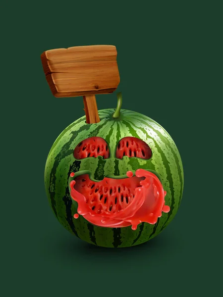 新鲜多汁西瓜 切面快乐 现实的西瓜 种子和木制标志 将您的消息添加到符号的空格中 夏季图解 — 图库照片