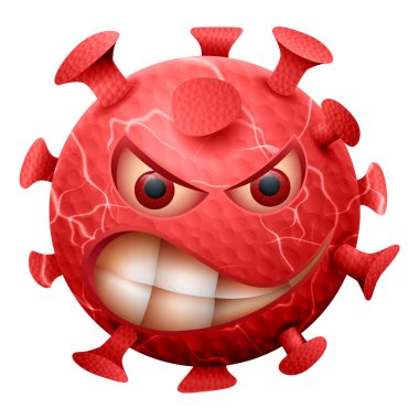 Evil Covid-19 romanı 2019-nCov Coronavirus Emoticon. Coronavirus salgını konsepti. Beyaz arkaplanda izole edilmiş bakteri.
