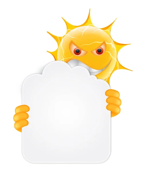 Evil Summer Sun Emoticon. Angry Sun Emoji with Cloud shaped Banner Template. Add your message to the empty space at the banner. Isolated on white background.