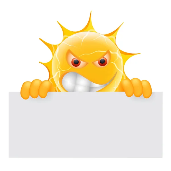 Evil Summer Sun Emoticon. Angry Sun Emoji with Banner Template. Add your message to the empty space at the banner. Isolated on white background.