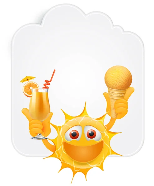 Happy Summer Sun Emoticon. Happy Sun Emoji with ice cream and orange juice in the hands in front of cloud shaped banner. Add your Message to the empty space at the banner. Summertime Illustration. Isolated on white background.