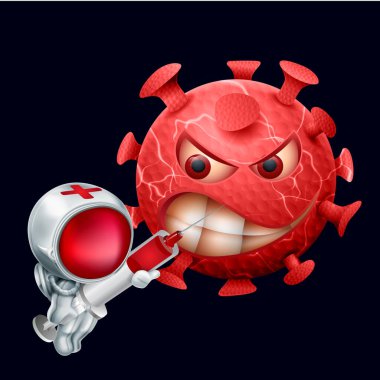 İlaç Coronavirus 'a karşı. Şırıngalı doktor, Evil Covid-19 Coronavirus Emoticon ile savaşıyor. Coronavirus salgını konsepti. İzole edilmiş üç boyutlu illüstrasyon.