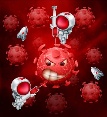 İlaç Coronavirus 'a karşı. Şırıngalı doktorlar Evil Covid-19 Coronavirus Emoticon ile savaşıyor. Coronavirus salgını konsepti. 3B illüstrasyon.
