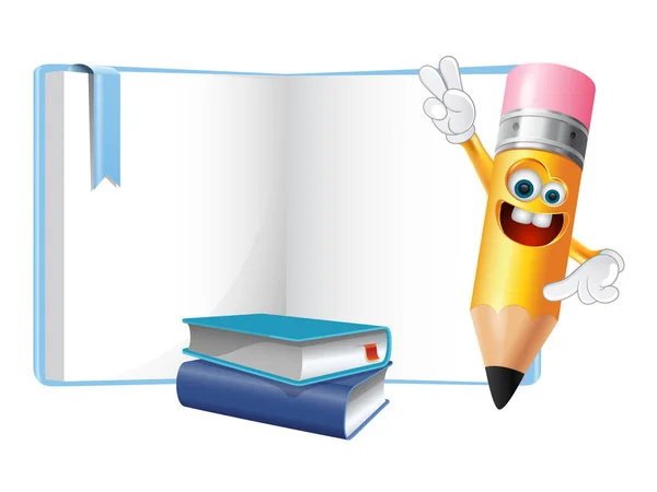 Back to School concept. 3D illustration of pencil emoticon character in front of open book. Simply add your text message to the empty space at the book.