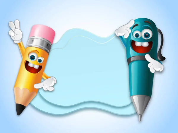Back to School concept. 3D illustrations of pencil and pen emoticons characters in front of banner. Simply add your text message to the empty space at the banner.
