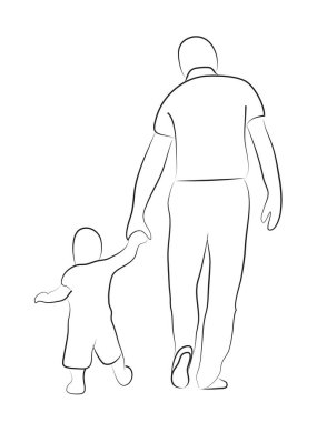 Doğrusal çizim. Çocuk çizgisi çizimi olan sevgi dolu bir baba. Beyaz arkaplanda izole.