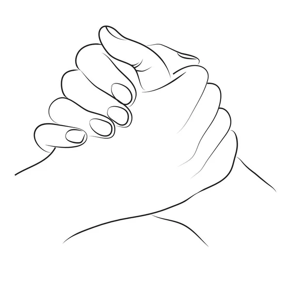 Linear sketch drawing. Hands holding together line art illustration. Isolated on white background.