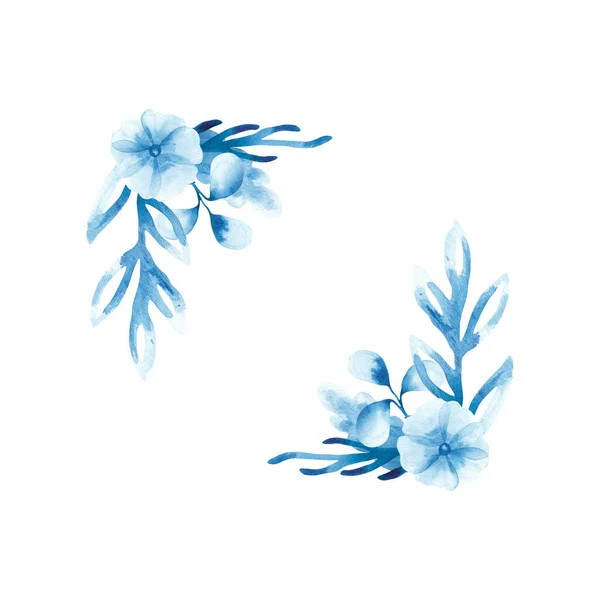 框架与水色蓝色罂粟和叶子隔离在白色的背景 精美的野花图案非常适合用于贺卡 邀请函 — 图库照片
