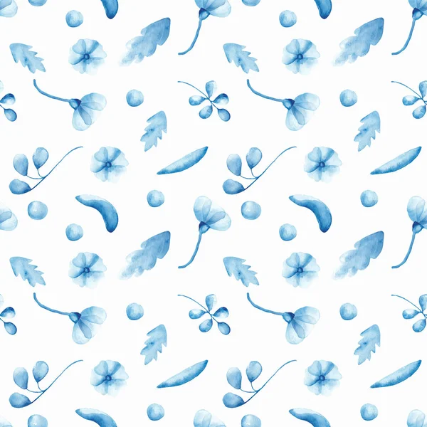 Seamless Watercolor Pattern Blue Poppies Leaves Isolated White Background Delicate — Stock Photo, Image