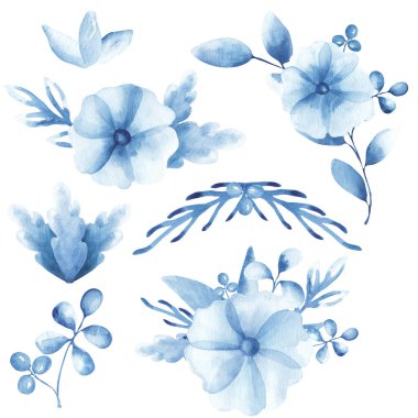 Mavi gelincikli ve yapraklı çiçek kompozisyonu