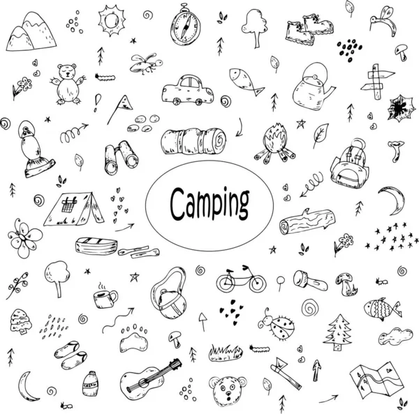 Camping handritade doodles vektor ikoner — Stock vektor