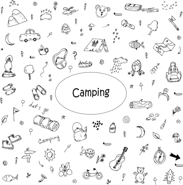 Camping handritade doodles vektor ikoner — Stock vektor