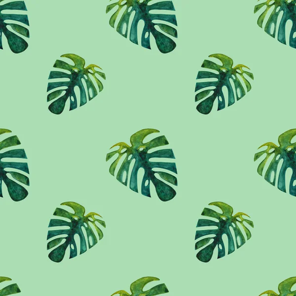 Акварель ручной работы бесшовный тропический узор с листьями монстров. Бесконечная текстура для дизайна на зеленом фоне — стоковое фото