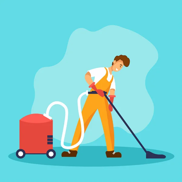 Man in a yellow suit vacuuming with vacuum cleaner. Professional worker of cleaning service company. — Stock Vector