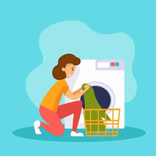 Hausfrau Beim Wäschewaschen Lächelnde Frau Wäscht Kleidung Aus Korb Tagesablauf — Stockvektor