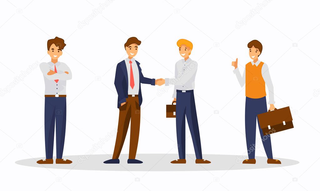 Businessmen make a deal. Two men shake hands. Nearby are two counselors. One consultant shows thumb up. Concept of successful partnership. Set of vector cartoon characters isolated on white background