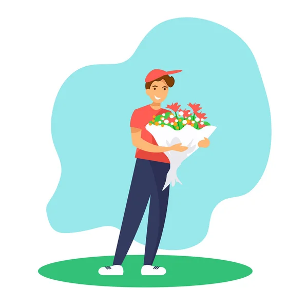 Mosolygó futár fiú virágcsokorral a kezében. Virágszállítási szolgáltatás koncepciója. — Stock Vector