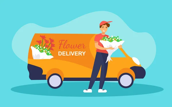 Flowers delivery service. Man courier standing in front of a van and holding bouquet. — Stock Vector