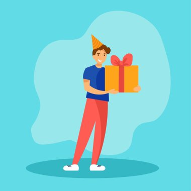 Genç ve mutlu bir adam elinde kocaman bir fiyonk ile bir hediye kutusu tutuyor. Müşteri için doğum günü hediyesi, ödül veya ikramiye