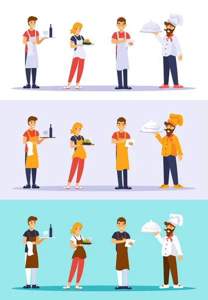 Garçons, garçonete e shef cook. Conjunto de personagens de trabalhadores do café em diferentes origens . —  Vetores de Stock