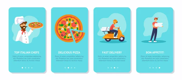 ピザ配送サービスのコンセプトオンボーディング画面テンプレート。クック、ピザ、スクーター、配達人. — ストックベクタ