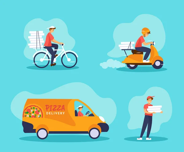 Set med express pizza leverans service illustration: cykel, skoter, van, kurir med lådor — Stock vektor