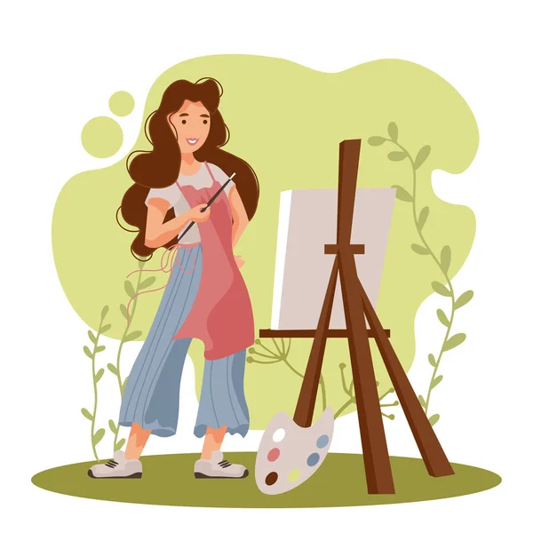 Beautiful woman artist painter working on canvas at easel. Cartoon female character. — Stock Vector