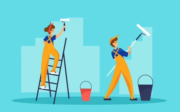 Två målare målar väggen. En arbetare står på stege. Koncept för reparations- och inredningsrenovering. — Stock vektor