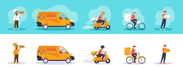 Sæt af pizza levering service illustration: kok, varevogn, scooter, cykel, kurer mand. – Stock-vektor