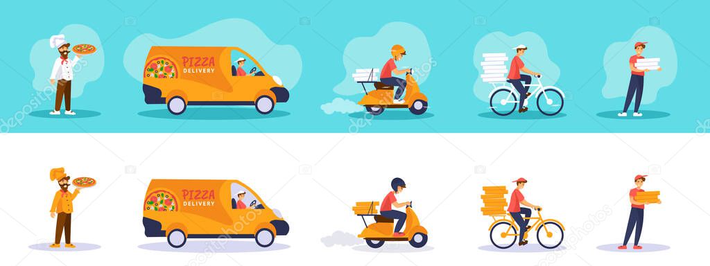 Set of pizza delivery service illustration: chef, delivery van, scooter, bicycle, courier man. 