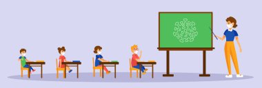 Öğretmen ve öğrenciler sınıfta yüz maskesi takıyor. New Normal 'de okula dönüyorum. Gri arkaplan.