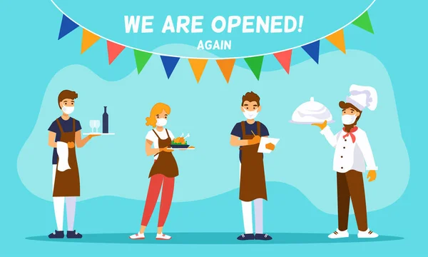 Caféet öppnar igen. Mall för banderoll med kock, servitörer och budskap Vi har öppnat, Välkommen — Stock vektor