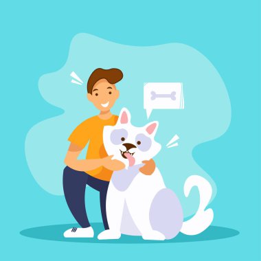Genç adam beyaz bir köpeğe sarılıyor. Arkadaşlık kavramı. Dört ayaklı bir arkadaşla ilgilenmek. Vektör illüstrasyonu.