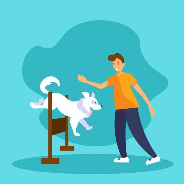 Människan tränar sina hundar smidighet med en hoppstång. Leende man och rolig vit hund leker tillsammans — Stock vektor