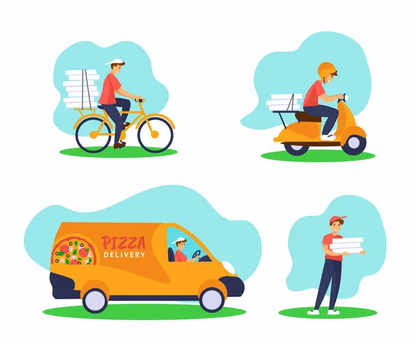 Set med express pizza leverans service illustration: cykel, skoter, van, kurir med pizzalådor — Stock vektor