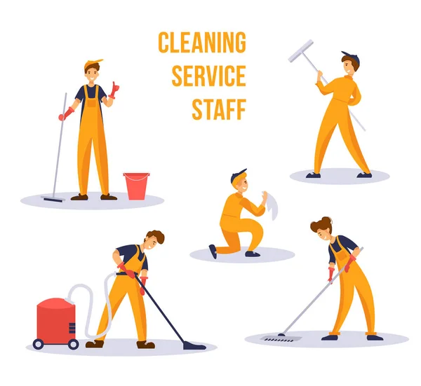 Pracownicy firmy sprzątającej. Personel sprzątający z narzędziami do czyszczenia. Zestaw znaków wektorowych płaskich. — Wektor stockowy