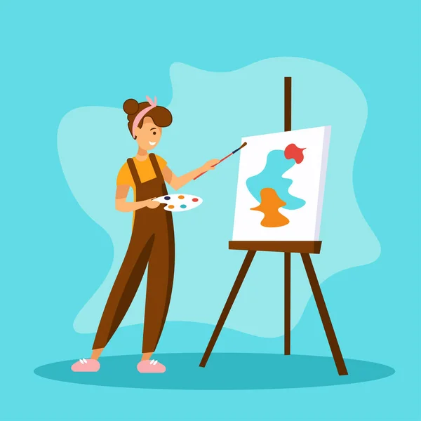 Woman artist painting abstract shapes on canva.She standing near easel and holding palette and brush — Stock Vector