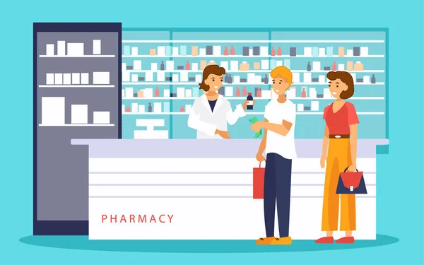 Woman pharmacist at the counter in drugstore. People buys medicines at the pharmacy. — Stock Vector