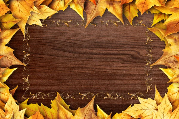 Autumn Leaves Wooden Background Copy Space — Stock Photo, Image