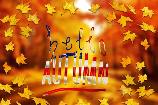 Hello Autumn Colorful Letters American Flag Autumn Blurred Background — Stock Photo, Image
