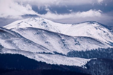 Romanya 'daki renkli sisli dağlarda görülebilir siluetlerle dağ sıraları. Tarcu Dağları.