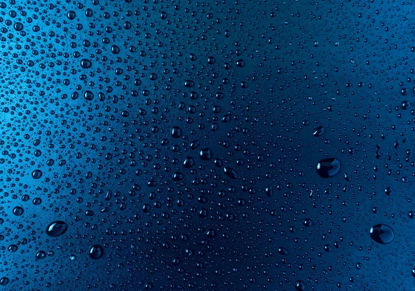 Gotas Água Fundo Textura Vidro Azul — Fotografia de Stock